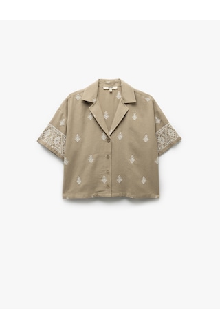 Koton Viskon Etnik Desenli İşlemeli Kısa Kollu Oversize Crop Gömlek Haki 5sak60094pw Haki