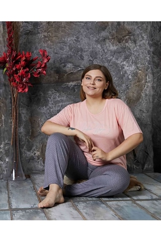 Lukitus Büyük Beden Battal Kısa Kol Bambu Kadın Pijama Takımı Gri