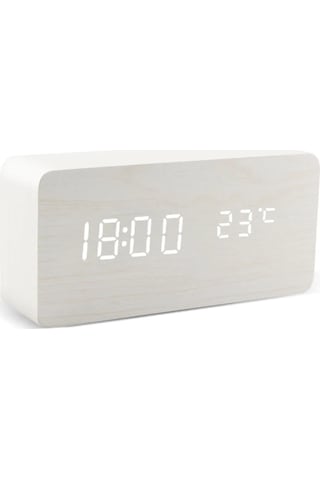 Çalar Saat Led Ahşap Saat Masası Ses Kontrolü Dijital Ahşap Umut White