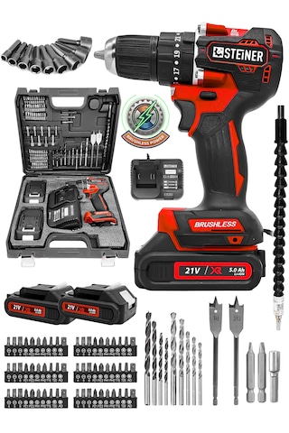 Steiner 21 V Darbeli Profesyonel Kömürsüz Motor Metal Şanzıman Çift Akülü Şarjlı Vidalama Matkap 84 Parça Kırmızı