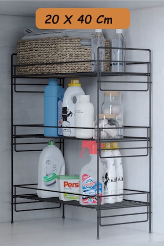 3 Katlı Evye Tezgah Altı Raf Banyo Mutfak Dolabı Çok Amaçlı Düzenleyici Deterjanlık Organizer 20x40 Siyah
