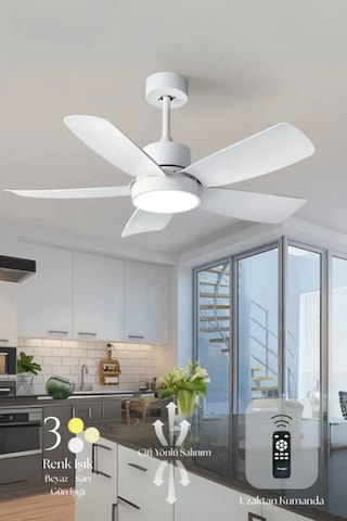 Hoogar German Beyaz 110 Cm 5 Kanatlı Süper Sessiz 3 Renk Uzaktan Kumandalı Tavan Vantilatörü Dc Motor