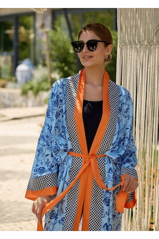 Mayovera Kimono - Mavi Çiçekler Tasarım Çok Renkli