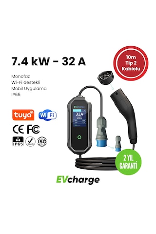 Evcharge 7.4 Kw Elektrikli Araç Şarj Cihazı 10mt Tp2 Kablolu, Ip65