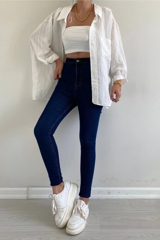 Dark Blue Yüksek Bel Skinny Fit Jean Likralı Önü Cepsiz Tayt Pantolon Dark Blue