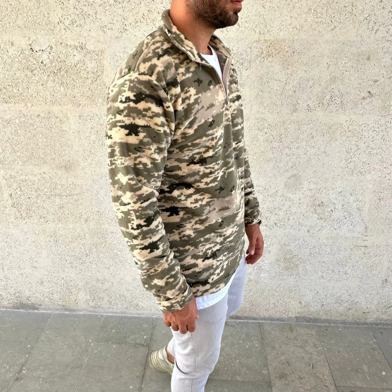 Erkek Yarım Fermuarlı Desenli Polar Sweat Haki Kamuflaj Yakalı, Uzun Kollu, Oversize Rahat Kalıp - Haki