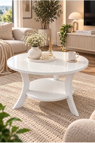 Orta Sehpa Beyaz 75 Cm Çap - Mdf Ayak 46 Cm Yükseklik Modern Orta Sehpa Beyaz