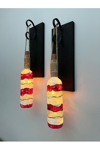 Ahşap Kırmızı Renkli Vitray Cam Şarap Şişesi Duvar Aplik 2'li Kırmızı