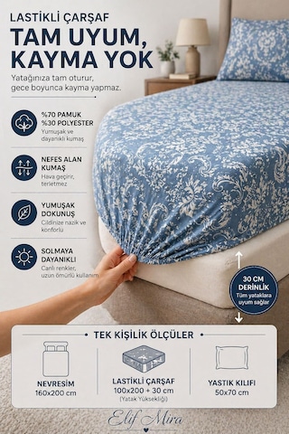 Tek Kişilik Nevresim Takımı Lastikli Çarşaflı Pamuklu Vintage Mavi