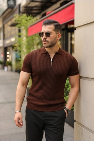 Efnaz Style Erkek Örgü Desen Fermuar Yakalı Triko Tişört Kahverengi