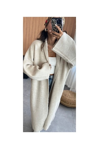 İkrafashion Maxi Boy Uzun Tesettür Triko Hırka Krem Krem