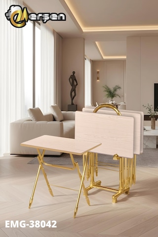 Eranş Serisi 4'lü Katlanır Mdf Mebran Ahşap Çanta Zigon Sehpa Gold Ayak Açık Ahşap Desen Gold Ayak