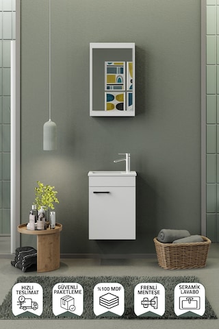 Biani Fix Loft Mini 42 Cm Banyo Dolabı,Seramik Lavabolu, Aynalı,Lavabo Dahil,Mdf,Mat Beyaz
