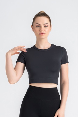 Kadın Antrasit Crop T-shirt Kısa Kollu, Bisiklet Yaka, Tüylenme Siyah