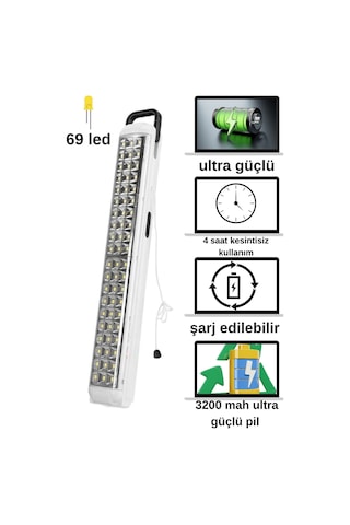 69 Power Li Işıldak Çekmeli Ipli Şarjlı Işıldak 2 Kademeli Aydınlatma Kamp