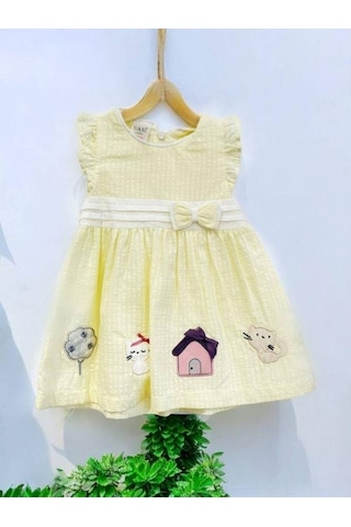 Zekids Kız Bebek Fiyonklu Patch Nakışlı Elbise-14527 Sarı