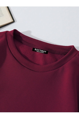 Unisex Oversize Bisiklet Yaka Basic Düz Sweatshirt - Bordo