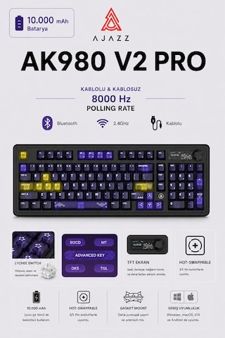 Ak980v2 Pro 8000 Hz Kablosuz Mekanik Oyun Klavyesi-tft Ekranlı-rapid Trigger