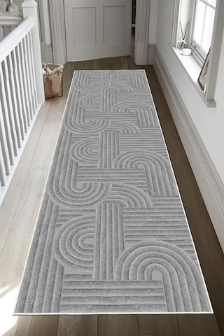 Geometrik Desenli Dekoratif Kaymaz Taban Yıkanabilir Yolluk Antre Hol Halısı Gri