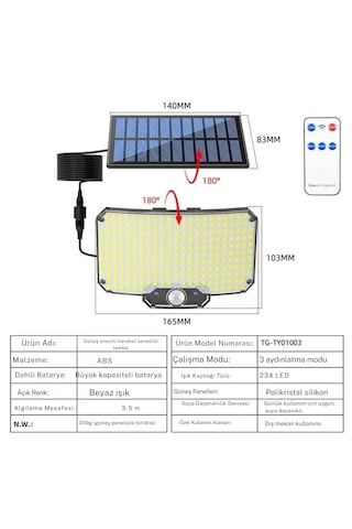 Techtic Güneş Enerjili Solar Lamba 234led Hareket Sensörlü Kumandalı Su Geçirmez Duvar Lambası Siyah