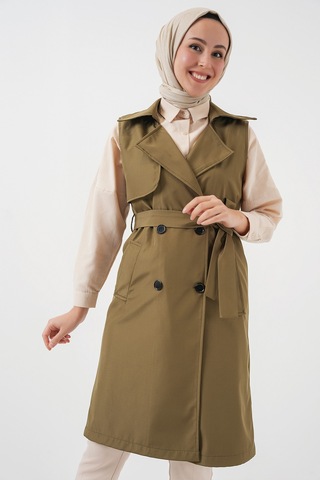 5911 Kruvaze Yaka Trençkot Yelek - Haki haki