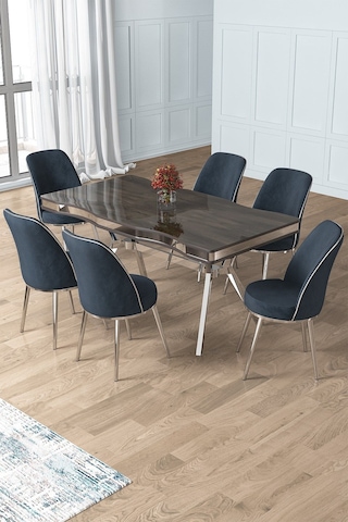 Canisa Prah Serisi 90x160 Lak Panel Antrasit Ironi Krom Ayak Masa Takımı 6 Antrasit Sandalye Antrasit İroni Masa Antrasit Sandalye Ayaklar Krom