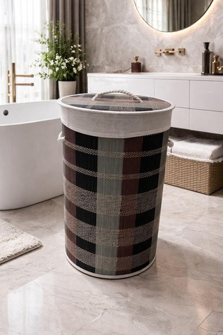 Lüks Bambu Kapaklı Kirli Çamaşır Ve Oyuncak Sepeti Desenli Renk 40x30x60 Cm 72 Litre Yuvarlak Çok Renkli