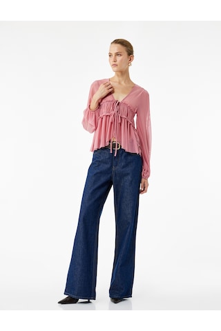 Koton Uzun Kollu Bağlamalı Fiyonk Detaylı Yarı Transparan V Yaka Fırfırlı Bluz Pembe 6wak80130ek Gül