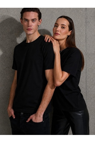 Modi Unisex Kısa Kollu Bisiklet Yaka Basic Viskon Bluz Açık Mavi Siyah