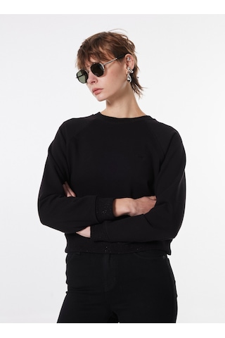 Mustang Siyah Kadın Bisiklet Crop Nakışlı Sweatshirt M4wl-swt-1926