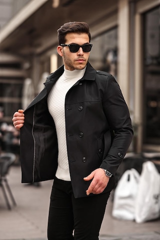 Mero Life Erkek Siyah Mevsimlik Astarlı Kemerli Kruvaze Trençkot Siyah