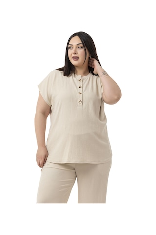 Büyük Beden Düşük Kollu Bluz Pantolon Bej Rengi İkili Takım Bej