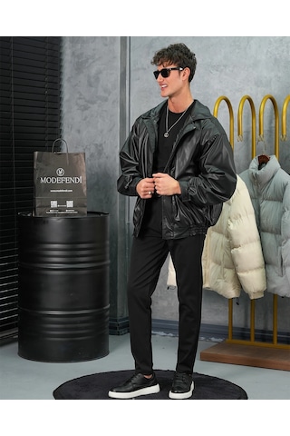 Modefendi Yüksek Kalite Bomber Oversize Deri Mont Siyah