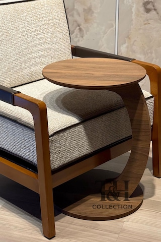 Yuvarlak C Sehpa Ceviz, Tekerlekli C Sehpa, %100 Mdf Yan Sehpa