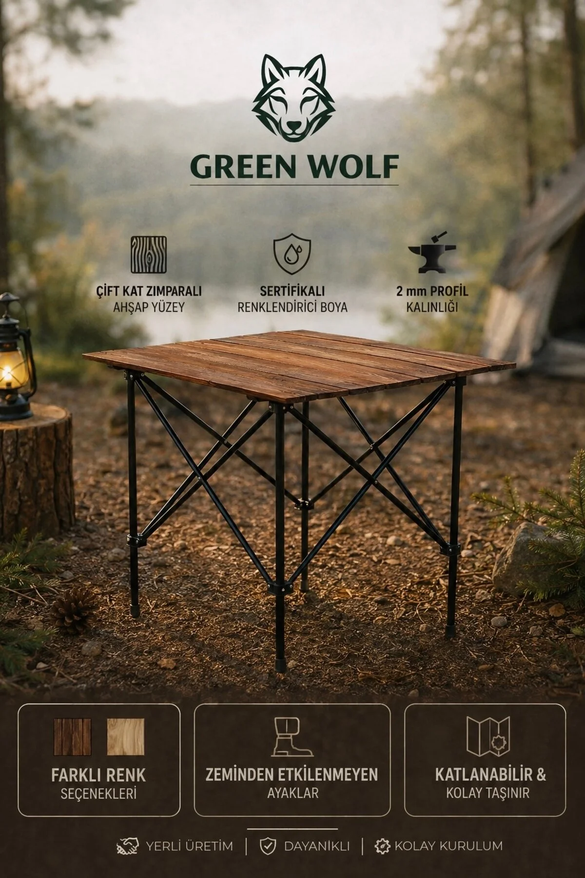 Greenwolf Ahşap Katlanabilir Omuz Askılı Taşıma Çantalı L -kamp - Piknik - Bahçe - Balkon Masası 2mm Profil Kalınlığı Ceviz
