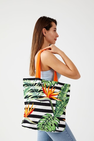 Kadın Siyah Beyaz Tropikal Yaprak Bez Alışveriş Plaj Çantası Beyaz - Siyah