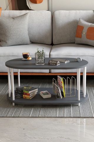 Modern Oval Orta Sehpa Çift Katlı Metal Ayaklı Salon, Ofis, Dekoratif Sehpa, Beyaz Demir Antrasit