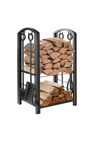 5 Li İthal Metal Oval Odunluk Raflı Şömine - Soba Maşa Takımı Aksesuar Seti