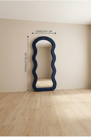Ayaklı Kumaşlı Boy Aynası - Modern Dalgalı Tasarım Büyük Boy Ayna 182x87 Cm Siyah