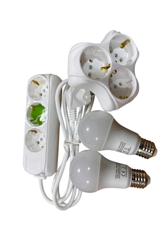 3'lü Grup Priz 2 Metre + 3'lü Yonca Çoğaltıcı Priz Ve 2 Adet 11w Led Ampul Seti