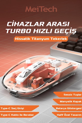 Sessiz Kablosuz Wireless Magic Mouse, Dpi 2400, Şarj Edilebilir, 2.4ghz+bt 5.0, Diğer