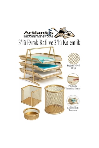 Altın Sarı Metal Evrak Rafı 3 Lü Ve Masaüstü Kalemlik 3 Lü 1 Paket Masaüstü A4 Dosya 3 Katlı Düzenleyici Kağıt Tepsisi Altın