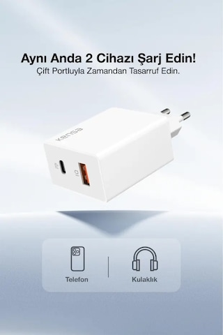 50w Pd Çift Çıkışlı Hızlı Şarj Başlığı Usb-c + Usb-a, Akıllı Güvenlik Çipli 1 Adet