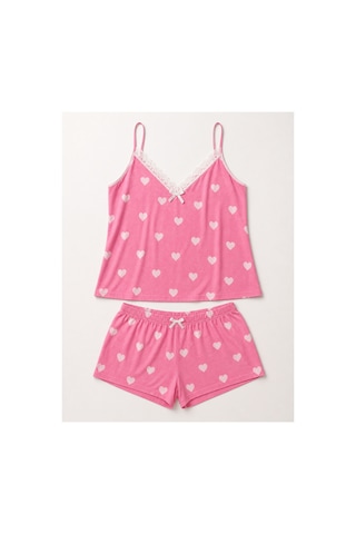 Bravie Kadın Büyük Beden İp Askılı Yakası Dantelli Beyaz Kalpli Pembe Yazlık Pijama Takımı Açık Pembe