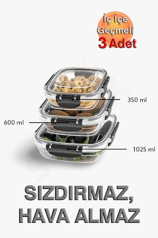 Lock&fresh Master Kare Saklama Kabı 350, 600, 1025 Ml Üçlü Set Antrasit