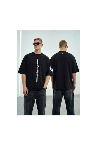 Wild Wood Garment Wild Wood "la Street" Dikey Baskılı Ve Kol Nakışlı Premium Oversize T-shirt Siyah-nakışlı