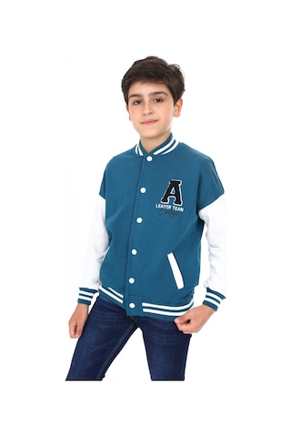 Toontoy Kids Toontoy Erkek Çocuk Kolej Yaka Çıtçıt Kapama Cepli Düşük Omuz Nakış Baskılı Renk Bloklu Örme Hırka - 2 İplik Şardonlu Petrol Mavi