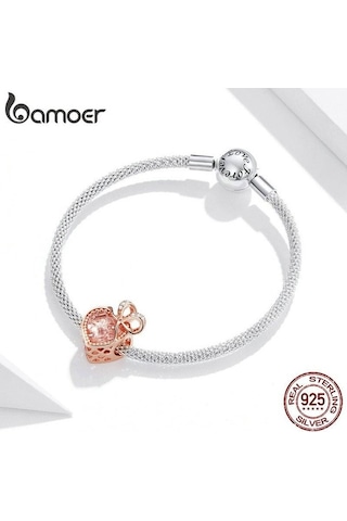 Novahub 925 Ayar Gümüş Gül Kalp Zirkon Boncuk Kadın Romantik Yay Kolye Charm Bilezik Dıy Takı Hediye Rose Gold