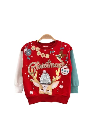Kız Çocuk Sevimli Geyik Payet Detaylı Kırmızı Renk Sweatshirt 3 İplik Kırmızı - Yeşil