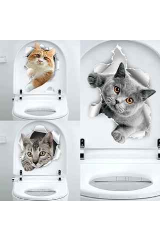 Tenfowee Banyo Tuvaleti Koltuğu Dekoratif Sticker - Mavi Kedi Desenli, Su Geçirmez, Kir Bağlamaz, Kalıcı Pvc Materyal Gri